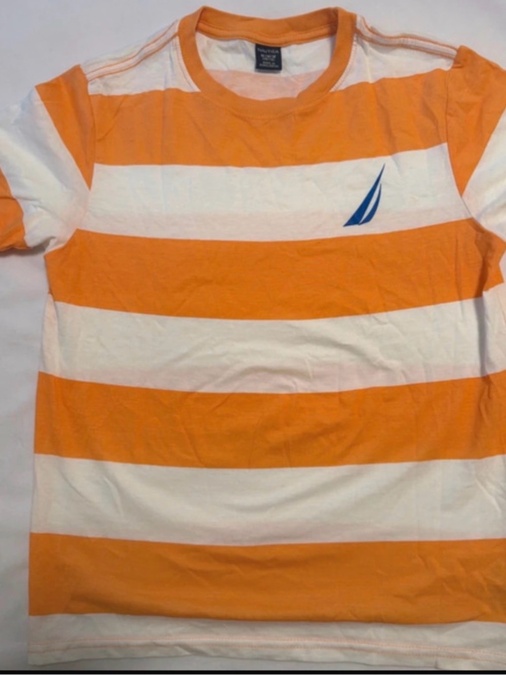 Nautica Orange and White Striped Crew Neck Tee Size 12/14 -M youth